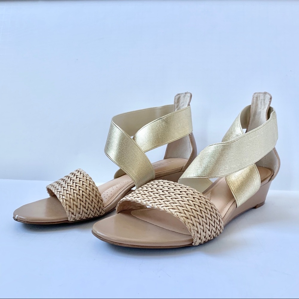 Ellen Tracy Strappy Gold and Woven Neutral Sandals
